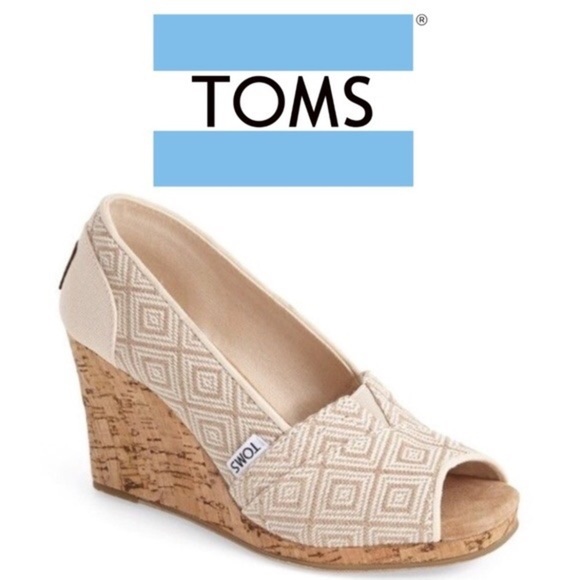 Toms Stella Beige Diamond Print Peep Toe Wedge Cork Heels - Picture 2 of 16